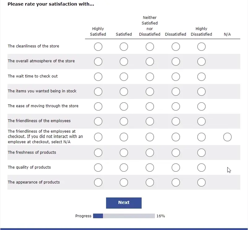 Krogerfeedback survey questions - Satisfaction rating questions type
