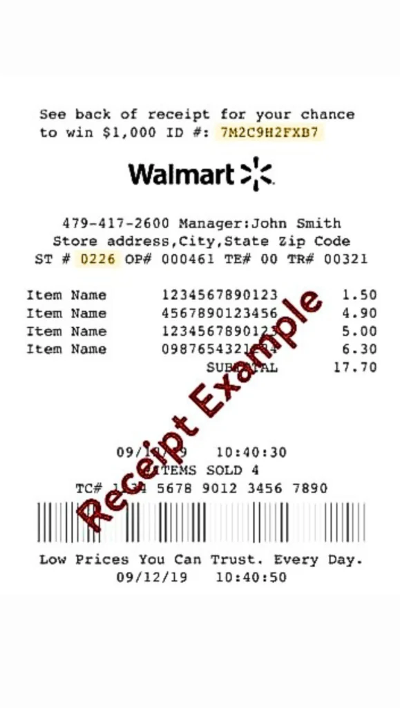 walmart survey receipt example for Walmart survey (survey.walmart.com)
